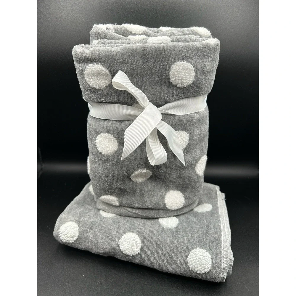 ALFRED SUNG ECO MELANGE GRAY WHITE POLKA DOT DESIGN COTTON FLUFFY 3 HAND TOWELS